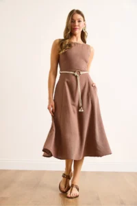 Olalook Women's Brown Belt Detailed Midi Linen Dress - Image 5