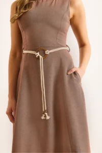 Olalook Women's Brown Belt Detailed Midi Linen Dress - Image 6