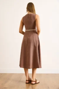 Olalook Women's Brown Belt Detailed Midi Linen Dress - Image 7