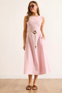 Olalook Women's Pink Belt Detailed Midi Linen Dress