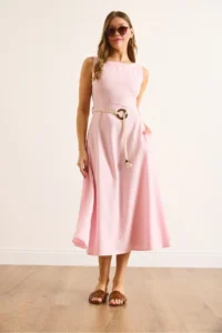 Olalook Women's Pink Belt Detailed Midi Linen Dress - Image 2
