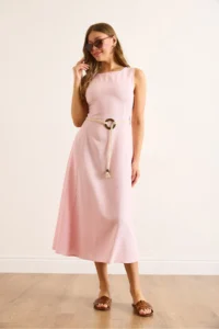 Olalook Women's Pink Belt Detailed Midi Linen Dress - Image 3