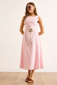Olalook Women's Pink Belt Detailed Midi Linen Dress - Image 4