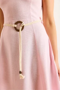 Olalook Women's Pink Belt Detailed Midi Linen Dress - Image 6