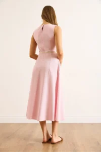 Olalook Women's Pink Belt Detailed Midi Linen Dress - Image 7