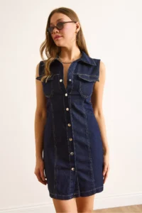 Olalook Women's Navy Blue Pocket and Snap Fastener Mini Denim Dress - Image 4