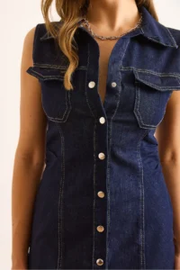 Olalook Women's Navy Blue Pocket and Snap Fastener Mini Denim Dress - Image 7