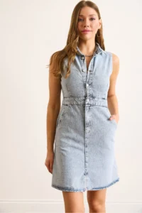 Olalook Women's Light Blue Half-Length Buttoned Pocket Mini Denim Dress