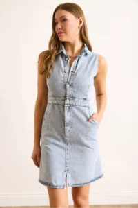 Olalook Women's Light Blue Half-Length Buttoned Pocket Mini Denim Dress - Image 4