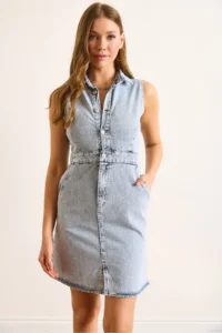 Olalook Women's Light Blue Half-Length Buttoned Pocket Mini Denim Dress - Image 5