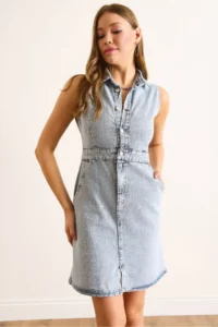 Olalook Women's Light Blue Half-Length Buttoned Pocket Mini Denim Dress - Image 6