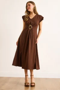 Olalook Women's Brown Accessories Slit Midi Crepe Dress