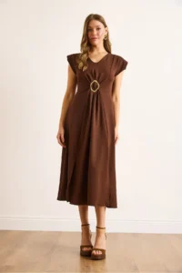 Olalook Women's Brown Accessories Slit Midi Crepe Dress - Image 2