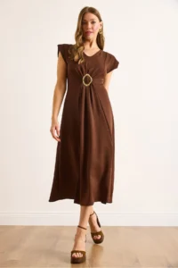 Olalook Women's Brown Accessories Slit Midi Crepe Dress - Image 3