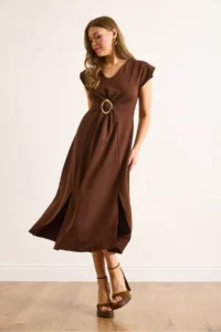Olalook Women's Brown Accessories Slit Midi Crepe Dress - Image 4