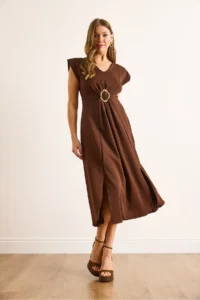 Olalook Women's Brown Accessories Slit Midi Crepe Dress - Image 5
