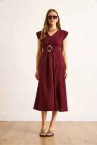 Olalook Women's Burgundy Accessories Slit Midi Crepe Dress - Image 2