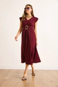 Olalook Women's Burgundy Accessories Slit Midi Crepe Dress - Image 3