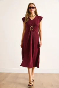 Olalook Women's Burgundy Accessories Slit Midi Crepe Dress - Image 4