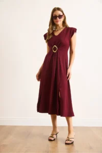 Olalook Women's Burgundy Accessories Slit Midi Crepe Dress - Image 5