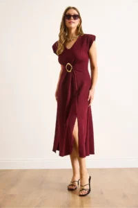 Olalook Women's Burgundy Accessories Slit Midi Crepe Dress - Image 6