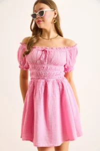 Olalook Women's Pink Muslin Collar Lace Up Skirt Lined Mini Dress - Image 3