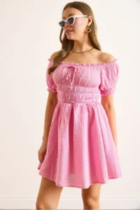 Olalook Women's Pink Muslin Collar Lace Up Skirt Lined Mini Dress - Image 4