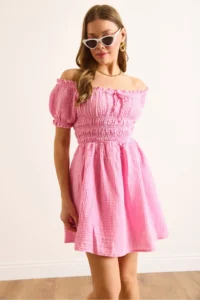 Olalook Women's Pink Muslin Collar Lace Up Skirt Lined Mini Dress - Image 5
