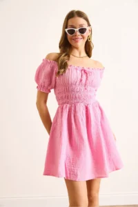 Olalook Women's Pink Muslin Collar Lace Up Skirt Lined Mini Dress - Image 6
