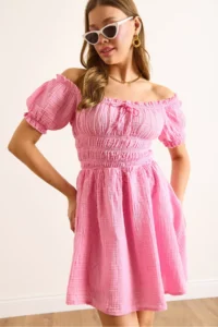 Olalook Women's Pink Muslin Collar Lace Up Skirt Lined Mini Dress - Image 7