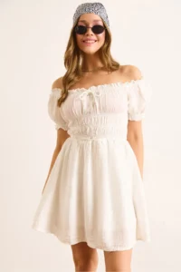 Olalook Women's White Muslin Collar Lace Up Skirt Lined Mini Dress