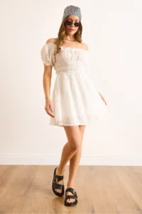 Olalook Women's White Muslin Collar Lace Up Skirt Lined Mini Dress - Image 2