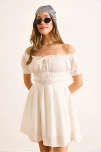 Olalook Women's White Muslin Collar Lace Up Skirt Lined Mini Dress - Image 3
