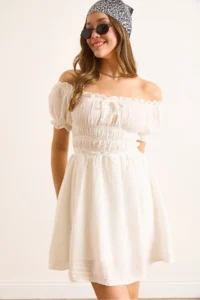 Olalook Women's White Muslin Collar Lace Up Skirt Lined Mini Dress - Image 4