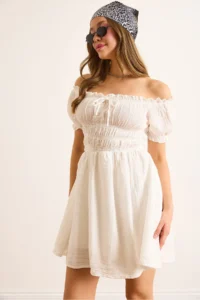 Olalook Women's White Muslin Collar Lace Up Skirt Lined Mini Dress - Image 5