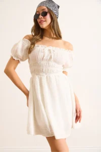Olalook Women's White Muslin Collar Lace Up Skirt Lined Mini Dress - Image 6