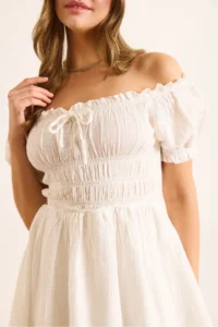 Olalook Women's White Muslin Collar Lace Up Skirt Lined Mini Dress - Image 7