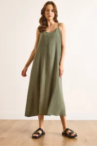 Olalook Women's Green Modal Strap Adjustable Maxi A-Line Dress