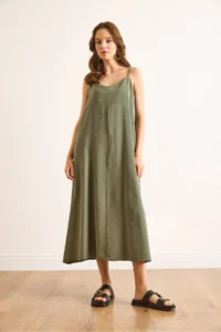 Olalook Women's Green Modal Strap Adjustable Maxi A-Line Dress - Image 2