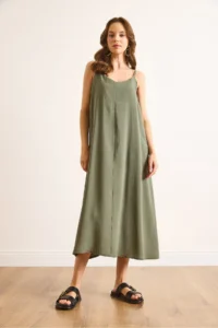 Olalook Women's Green Modal Strap Adjustable Maxi A-Line Dress - Image 3