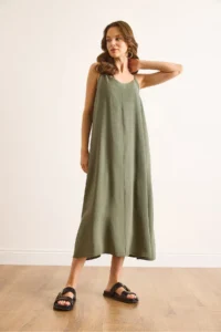 Olalook Women's Green Modal Strap Adjustable Maxi A-Line Dress - Image 4