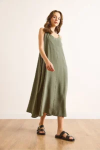 Olalook Women's Green Modal Strap Adjustable Maxi A-Line Dress - Image 5