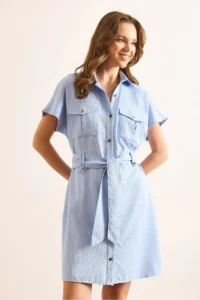 Olalook Women's Blue Marta Belted Pocketed Mini Woven Shirt Dress - Image 2