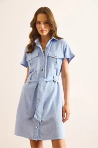 Olalook Women's Blue Marta Belted Pocketed Mini Woven Shirt Dress - Image 3
