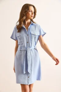 Olalook Women's Blue Marta Belted Pocketed Mini Woven Shirt Dress - Image 4