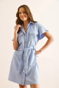 Olalook Women's Blue Marta Belted Pocketed Mini Woven Shirt Dress - Image 5