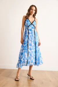 Olalook Women's Blue Piping Detailed Strap Lined Midi Dress - Image 2
