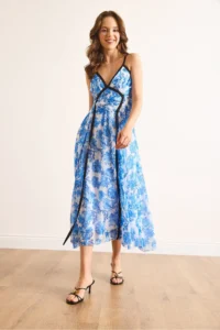 Olalook Women's Blue Piping Detailed Strap Lined Midi Dress - Image 3