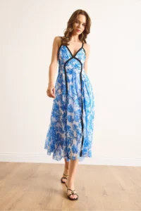 Olalook Women's Blue Piping Detailed Strap Lined Midi Dress - Image 4