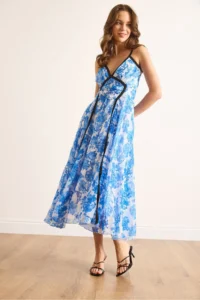 Olalook Women's Blue Piping Detailed Strap Lined Midi Dress - Image 5